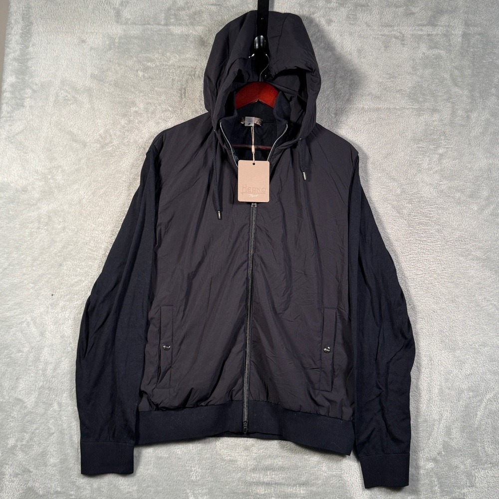 Herno Resort Cardigan Jacket Mens 52 Navy Hooded Zip Wool Hybrid
